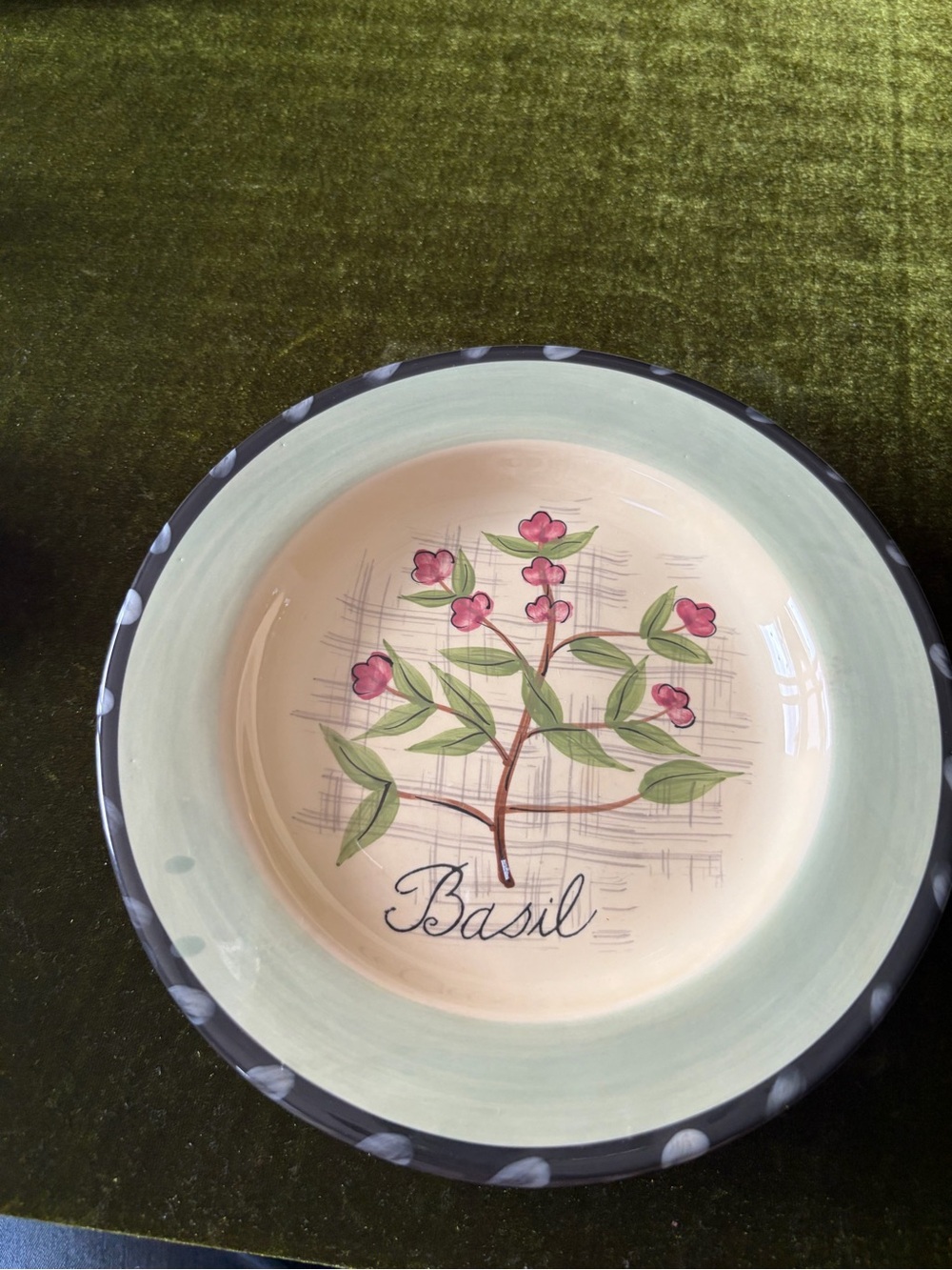 Basil Ceramic Serving Bowl - Sage Green with Pink Floral Detail